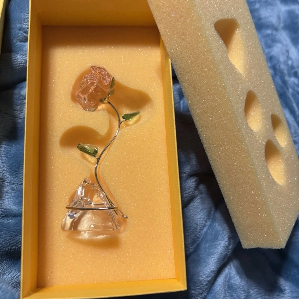 Swarovski Pink Crystal Rose Brooch with Green Leaves